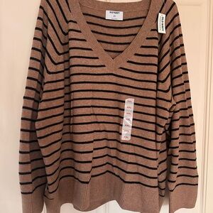 Old Navy Women's V-Neck Sweater - Brown and Black Stripes